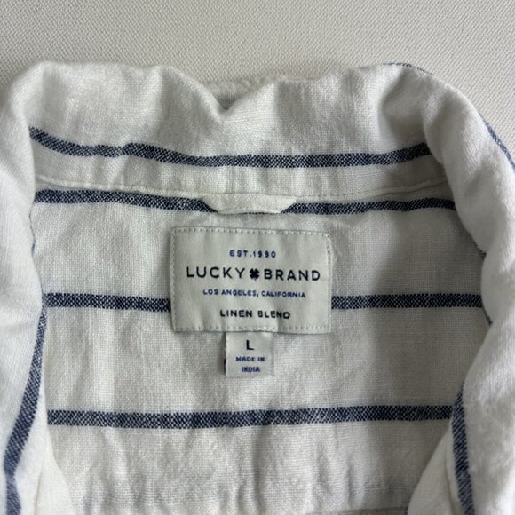 Lucky Brand Camp Shirt Men Large Blue Striped Linen Blend Short Sleeve Button Up - Picture 9 of 9